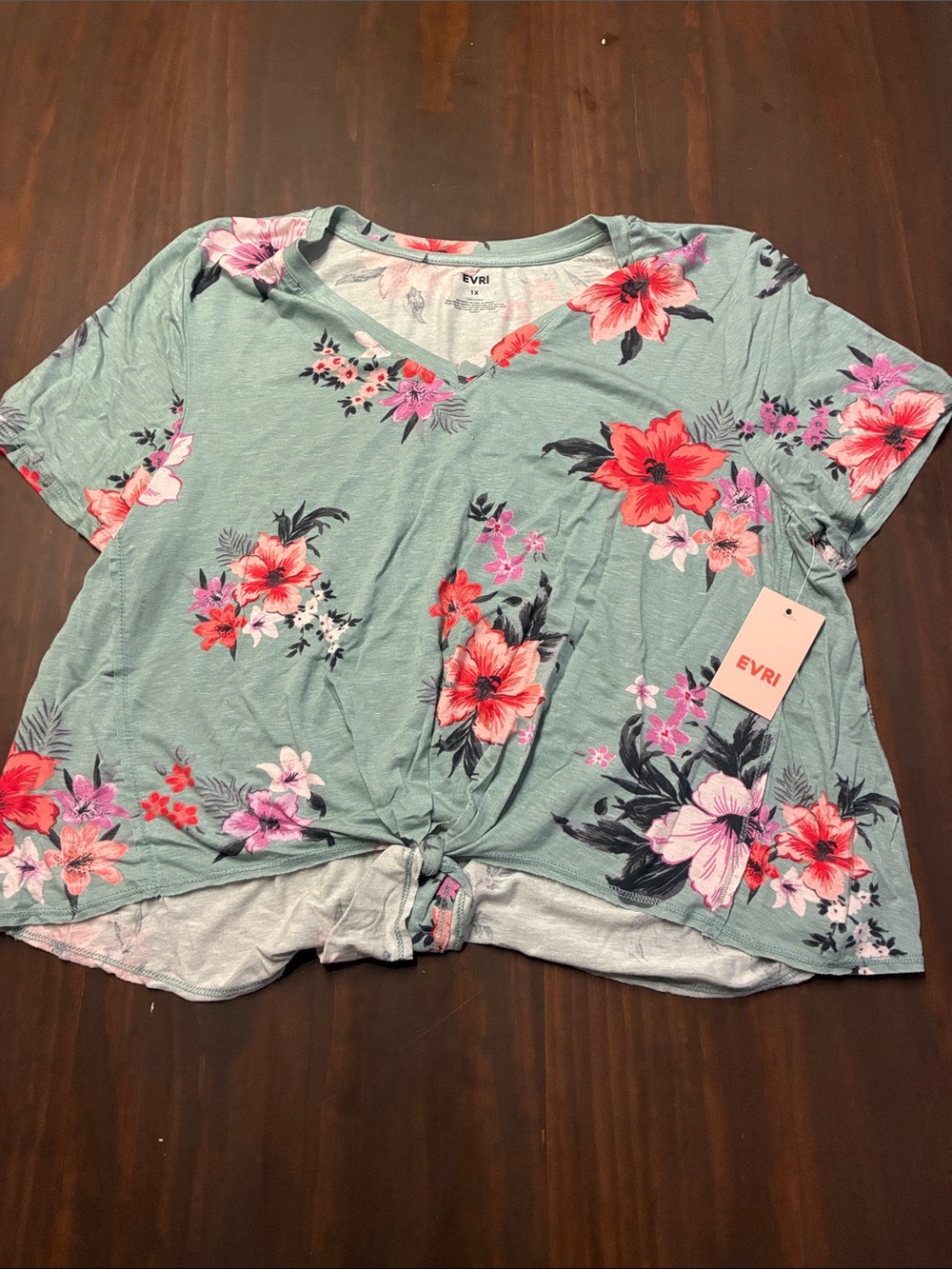 EVRI Sage Green V-Neck Floral Knot-Front Tee